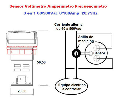Sensor AD16-22FAVH Voltímetro Amperímetro Frecuencímetro 3 en 1 60/500Vac 0/100Amp