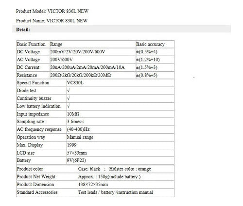 Multímetro Victor VC830L Voltímetro Amperímetro Ohmio Diodos