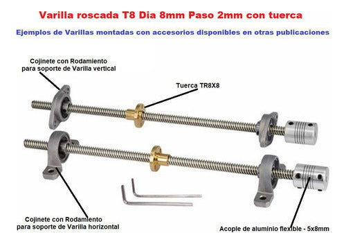 Varilla Roscada T8 Dia 8mm Paso 2mm Largo 600mm con Tuerca