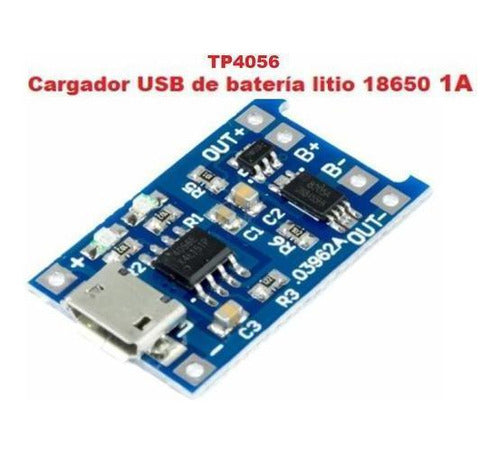 Cargador TP4056 USB de batería litio 18650 1A
