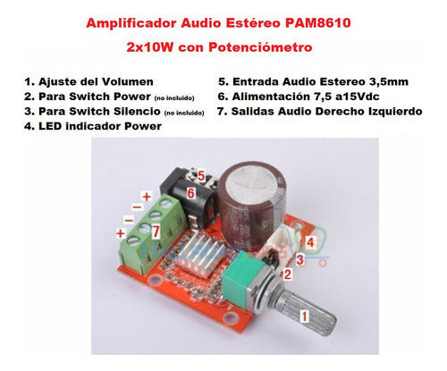 Amplificador Audio Estéreo PAM8610 2x10W con Potenciómetro