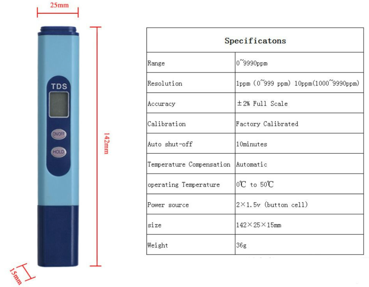 Medidor Digital de Conductividad Pureza de Líquidos 0-999PPM