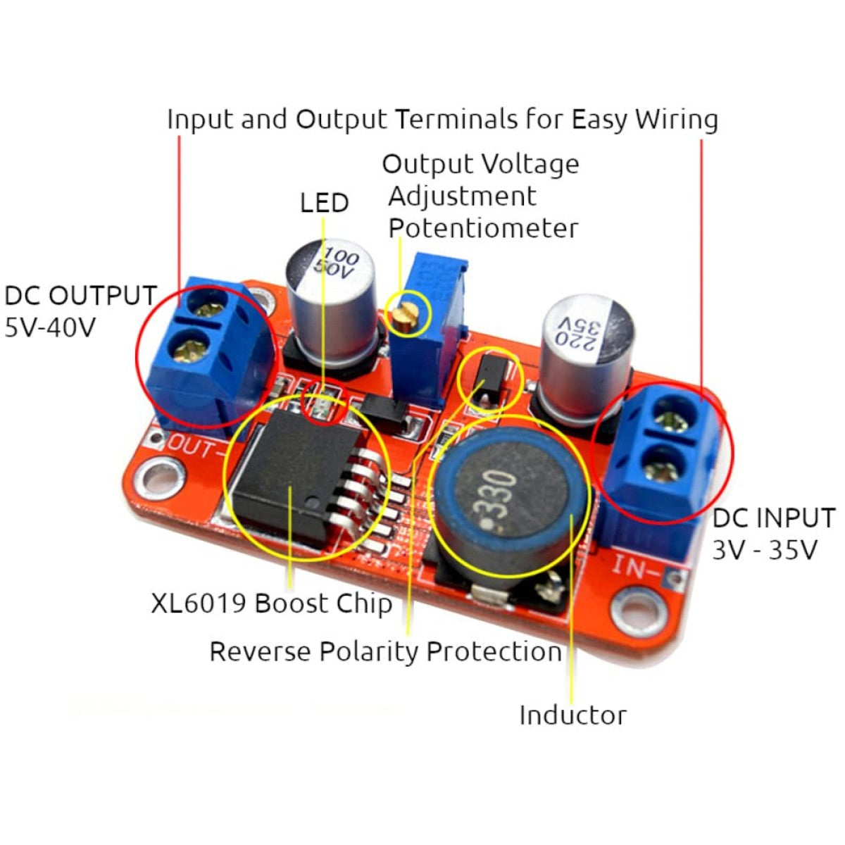 XL6019 DC-DC Adjustable Convertidor Elevador Voltaje 3.3v-35v A 5v-40 Booste