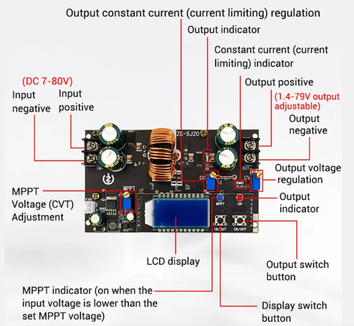 ZK-SL20 Módulo Fuente Alimentación Booster / Convertidor, Sube / Baja Voltaje y/o Amperaje, 300W 7-80 a 1.4-79Vdc 0 a 20Amp