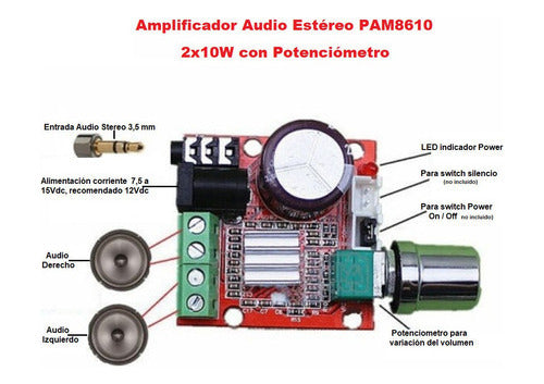 Amplificador Audio Estéreo PAM8610 2x10W con Potenciómetro